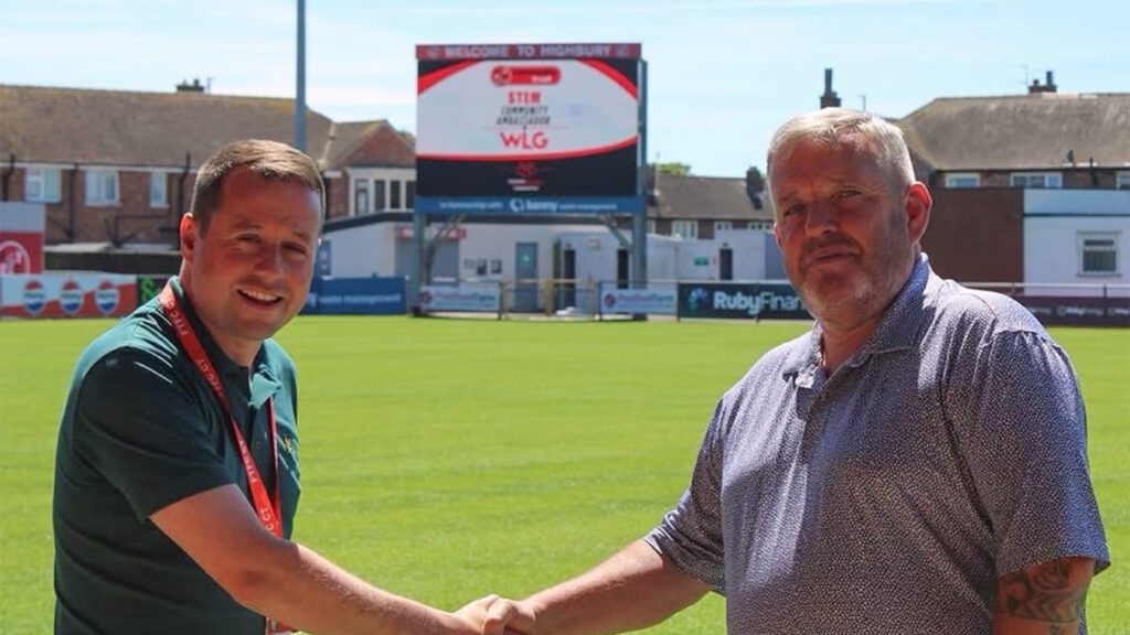 WLG Managing Director Kevin O'Toole with Fleetwood Town Community Trust CEO Tom Hutton at Highbury Stadium